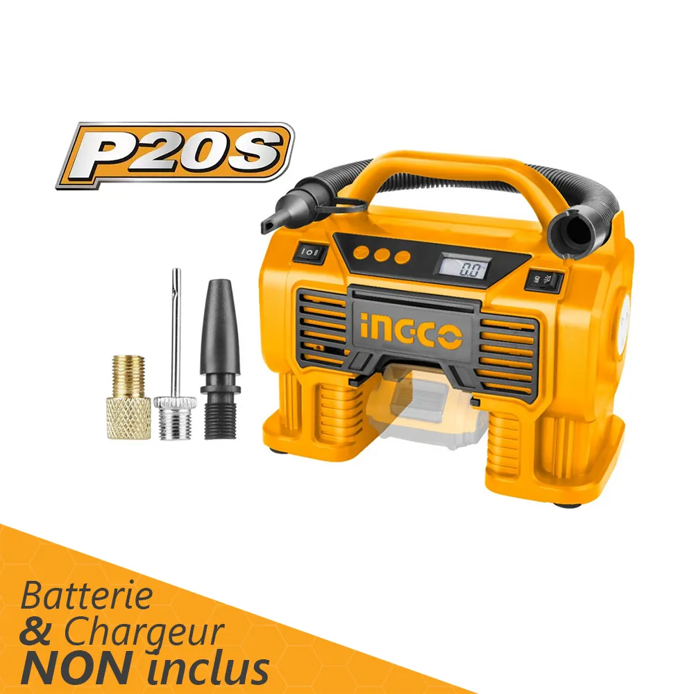 Compresseur D'air Automatique Sans-Fil INGCO CACLI2002, Batterie 20V, Cordon Alimentation avec Allume-Cigare, Arrêt Automatique