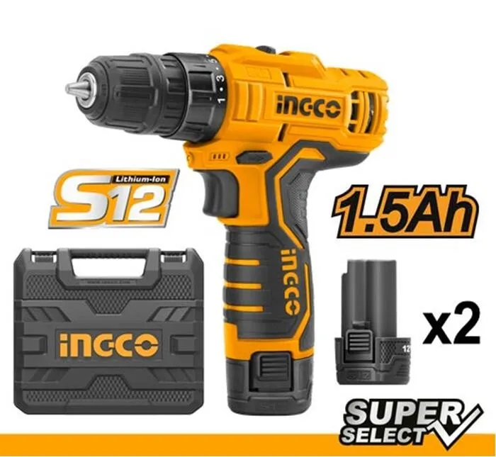 Perceuse sans fil Li-ion à 2 Vitesses INGCO, 12V, Batterie 1,3AH, Couple Max de 20NM