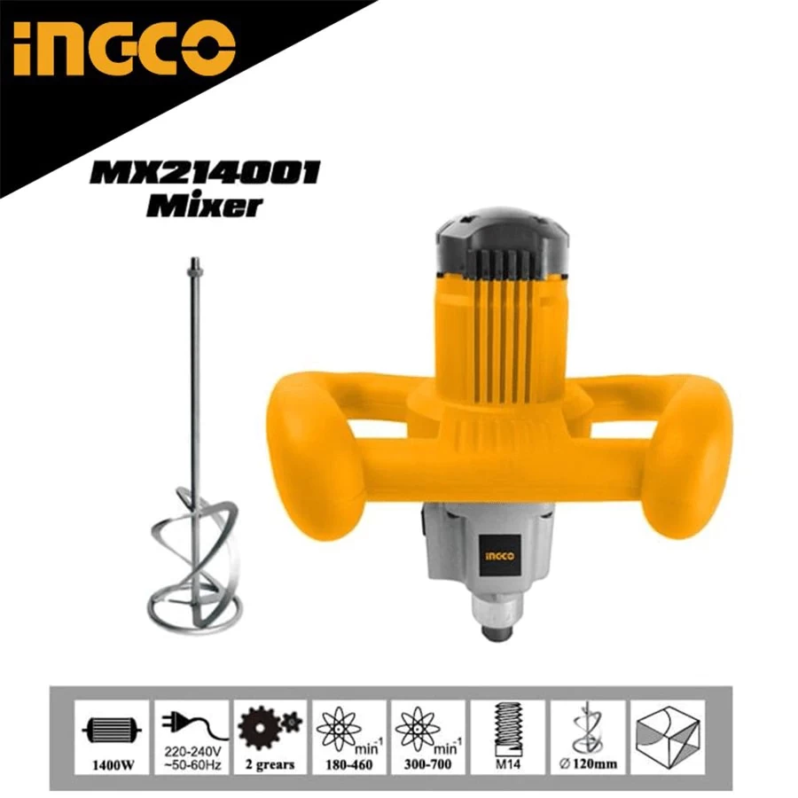 INGCO Mélangeur Electrique MX214001 , Malaxeur INGCO, Puissance 1400 W, Colle à Base de Ciment, Résines, Peintures, Fouet interchangeable