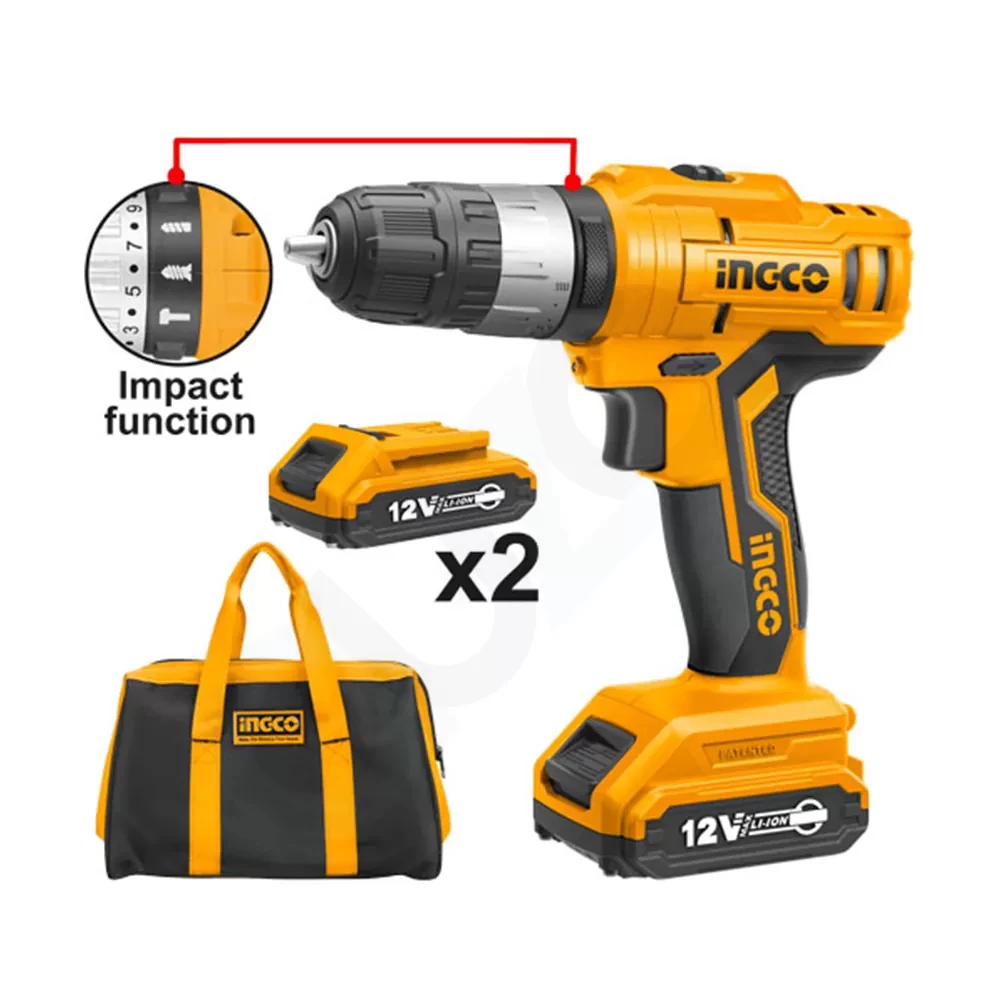INGCO Perceuse à Percussion Sans-Fil INGCO CIDLI1222, Batterie au Lithium-ion 12V, Vérrouillage Automatique Du Mandrin, Perceuse à 2 Vitesses, Outils de Bricolage