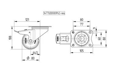 Roulette Pivotante A Blocage Total, TENTE 3477PIR080P62, Diamètre 80 mm, Chape En Acier Embouti